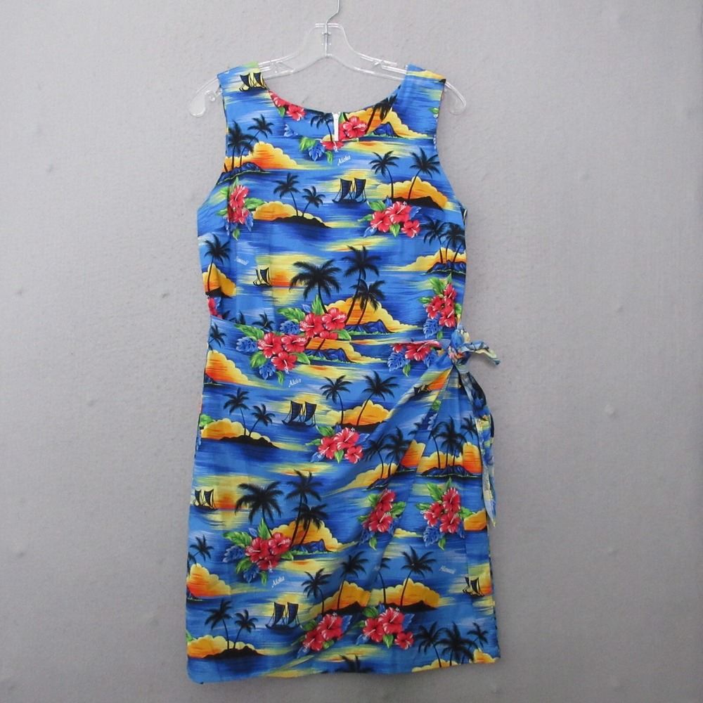 Kilani Hawaiian Dress Medium Blue Scenic Faux Wrap Vintage Luau Made‎ in Hawaii